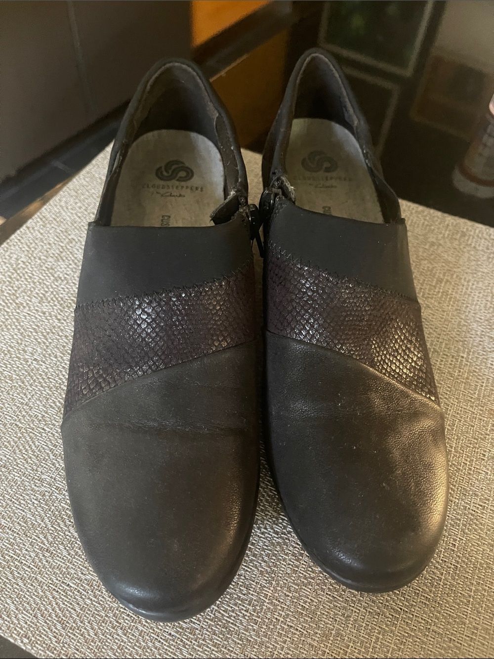 Sofft Black Slip-On Loafers with Textured Brown Accent